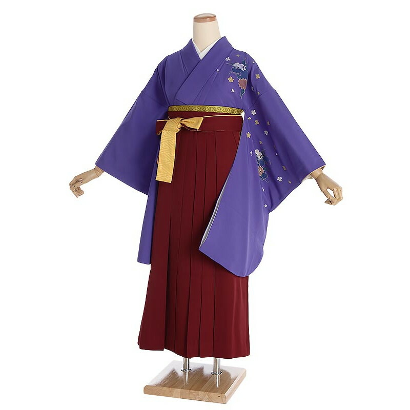 【レンタル】卒業式 袴レンタル 紫地椿×エンジ袴セット 145cm-150cm [7号-13号] 大学生 卒業袴 貸衣装 女性 着物 専門学校 謝恩会 和装【0AG0069】