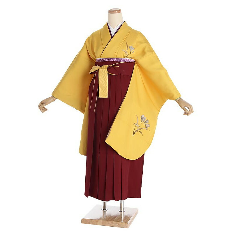 【レンタル】卒業式 袴レンタル からし地花×エンジ袴セット 145cm-150cm [7号-13号] 大学生 卒業袴 貸衣装 女性 着物 専門学校 謝恩会 和装【0AG0073】