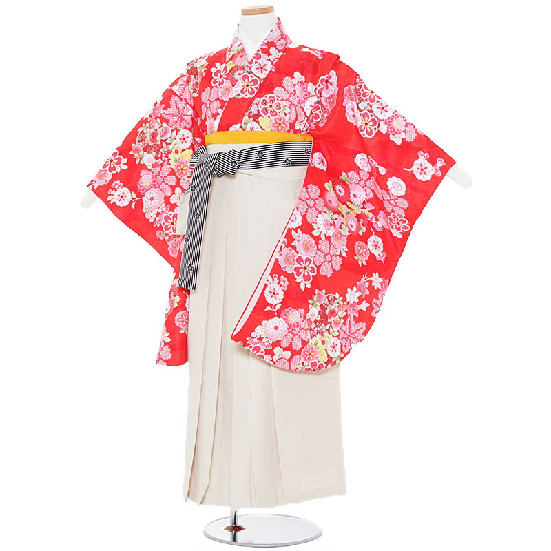 【レンタル】12歳前後 女児袴レンタル　0011　赤地雲取り花×クリーム袴 143-148cm 12歳 卒業式 小学生 卒業袴 6年生 貸衣装　子供着物【0AR0011】