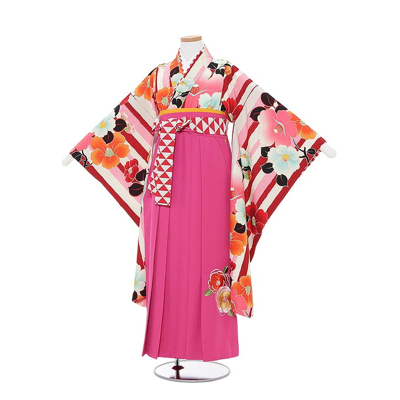 【レンタル】12歳前後 女児袴レンタル　0030　紅一点　ピンクストライプ椿&times;ピンク袴　148-153cm 12歳 卒業式 小学生 卒業袴 6年生 貸衣装　子供着物【0AR0030】｜礼服喪服レンタルのやました 15,048円