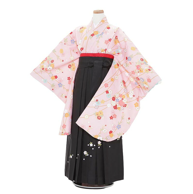 【レンタル】12歳前後 女児袴レンタル A014 ピンク植物柄&times;黒袴セット 143-148cm 12歳 卒業式 小学生 卒業袴 6年生 貸衣装　子供着物【0ARA014】｜礼服喪服レンタルのやました