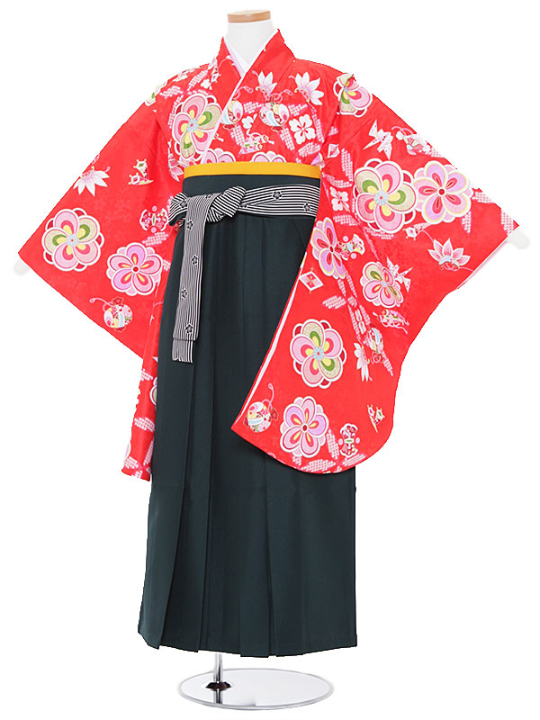メーカー直送 着物セット 女児袴レンタル 0013 赤地ねじり梅 グリーン袴 レンタル あす楽 12歳前後 143 148cm 貸衣装 子供着物 0ar0013 6年生 卒業袴 小学生 卒業式 12歳 Fah Co Bw