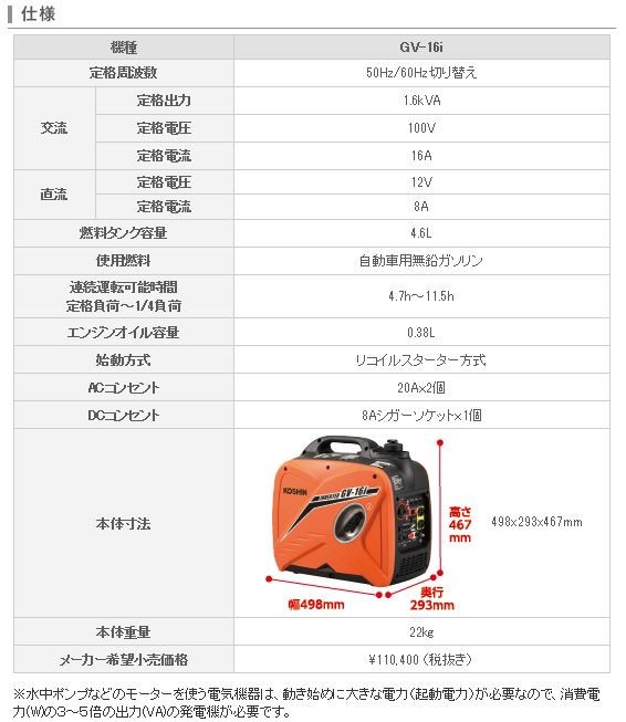 楽天市場 工進オンラインショップ Gv 16i インバーター発電機定格出力1 6kva Gv16i車中泊 キャンプ 災害 停電 台風 防災 Marine X