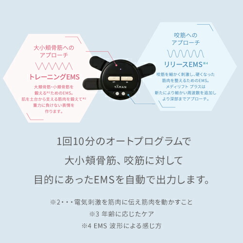 1回10分のオートプログラムで大小頬骨筋、咬筋に対して目的に合ったEMSを異動で出力します。