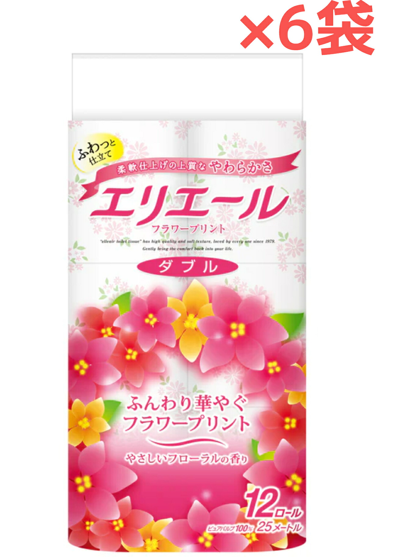 【６袋】エリエール トイレットティシュー フラワープリント【１２ロール】ダブル 【１ケース】やさしいフローラルの香り 柔軟仕上げのやわらかさ ふっくらやわらかな肌ざわり 心地よいやわらかさ ふわっと厚みのあるやわらかな肌ざわり 日本製 大王製紙【送料無料】