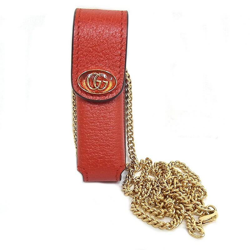 未使用 GUCCI レザー リップケース ネックレス 赤 リップスティックケース 未使用 GUCCI レザー リップケース ネックレス 赤 リップ