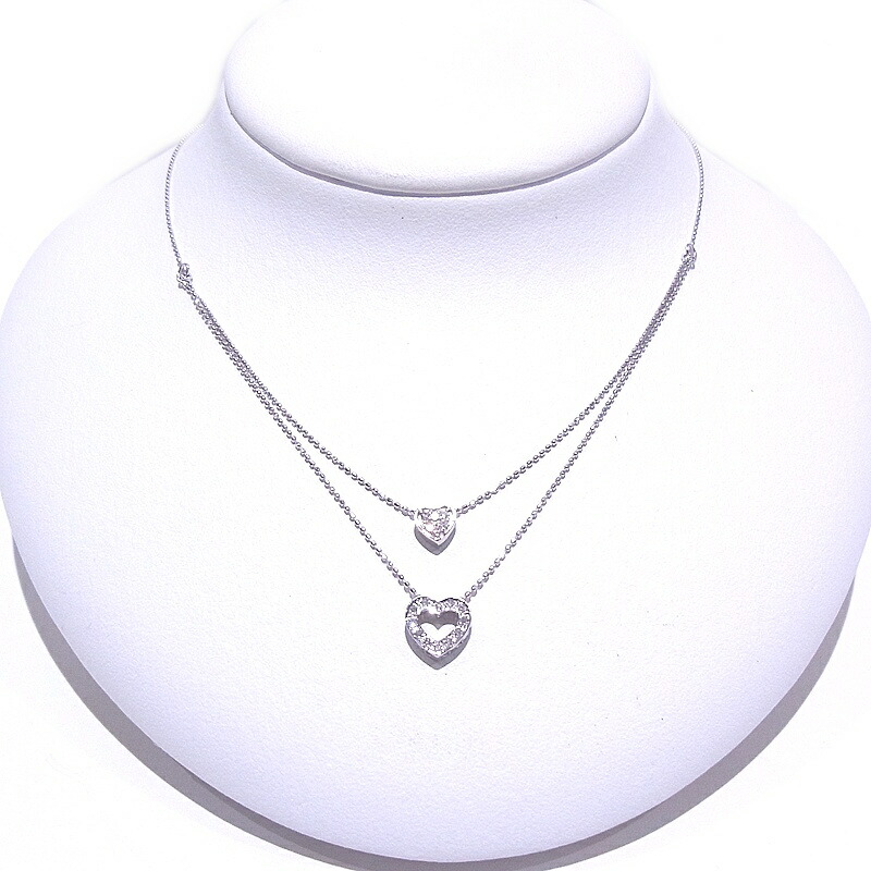 K14WG　585　ホワイトゴールド　ネックレス キュービックジルコニア　CZ　合計0.12ct 2連ネックレス　ハート 【中古】【程度A】【ノーブランド】