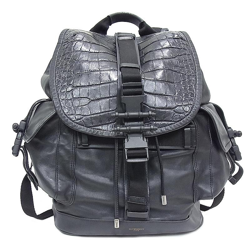 ジバンシィ GIVENCHY 背嚢 クロコダイル/子ウシ 黒いこと×しろがね色金具 ジバンシー オブセディア【中古品】【度合いA】【美品】