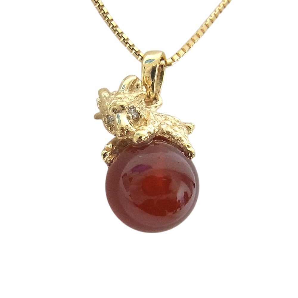 K18YG 750 イエローゴールドデザインネックレス ダイヤ0.01ct羊モチーフ 赤玉【中古】【程度A】【美品】|ヤギ質店・平塚駅前店