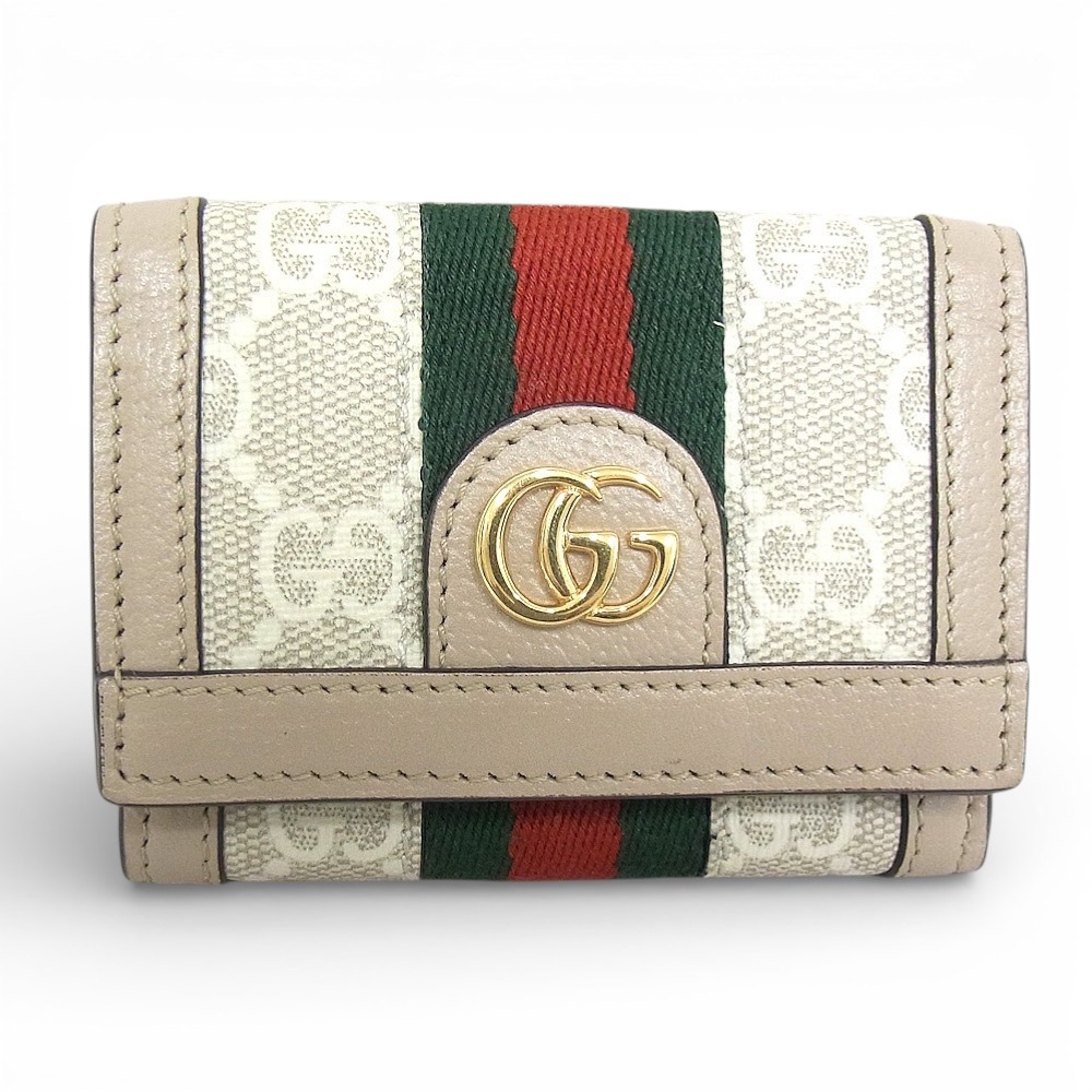 グッチ GUCCI 三つ折り紙入れ引っ掛かり名取り草開閉式 GGスプリームシェリーライン オフィディア735099  ベージュ ミニウォレット【中古品】【座標軸A】【良品】