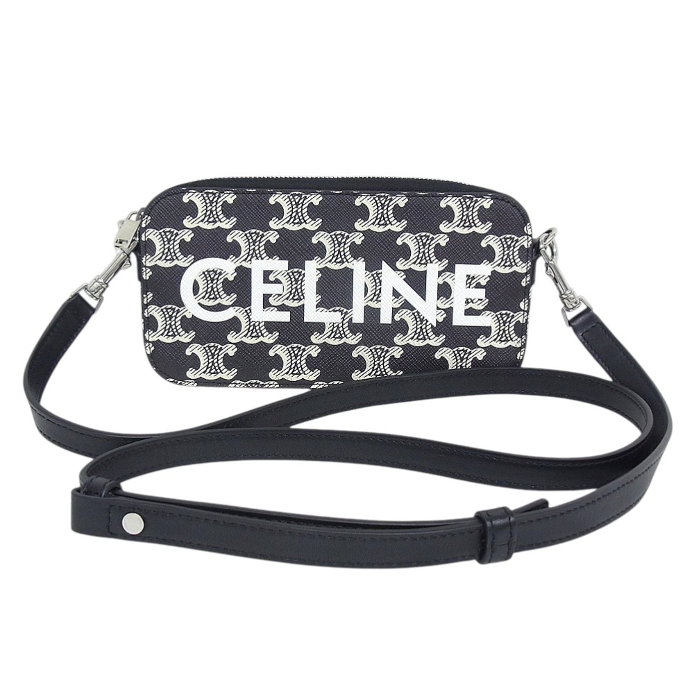 セリーヌ　CELINE　ミニショルダーバッグ HORIZONTAL POUCH　ホリゾンタル ポーチ ロゴプリント　10L272FSQ　 クロスボディ ブラック/ホワイト　トリオンフ　レザー 【中古】【程度A】【美品】