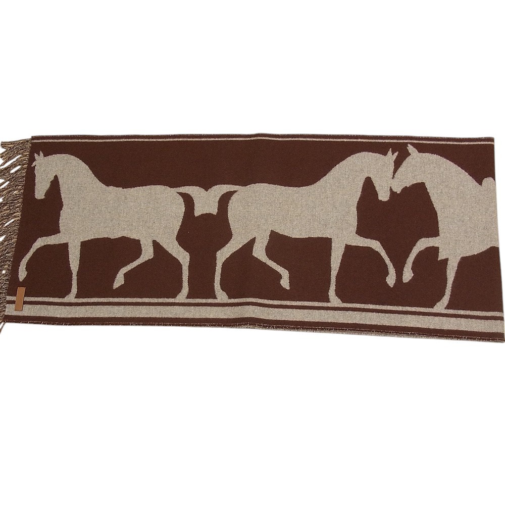 エルメス HERMES カシミール100％えり巻き 袈裟 H259141Sテット・ア・クー 馬柄 導管レディース メンズ 赤銅色【中古】【座標軸A】【美品】