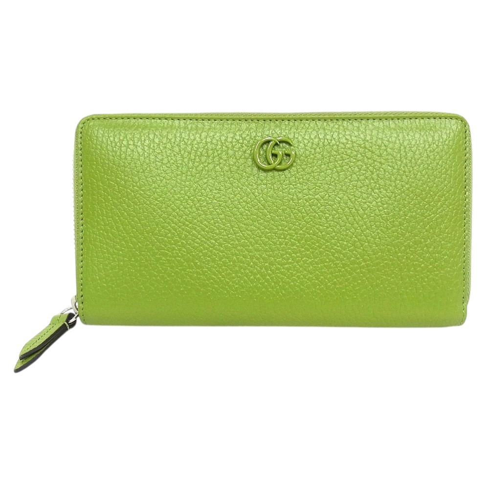 グッチ　GUCCI　ラウンドファスナー 長財布　456117　GGマーモント　グリーン レザー　グリーン　シルバー金具 【中古品】【程度A+】【極上美品】