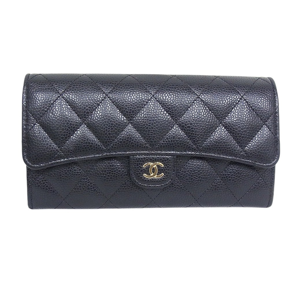 シャネル CHANEL 引っ掛かり付き添い人長札入れマトラッセ キャビアスキンブラック×ゴールド金具 ココマーク【中古品】【座標軸A】【良品】