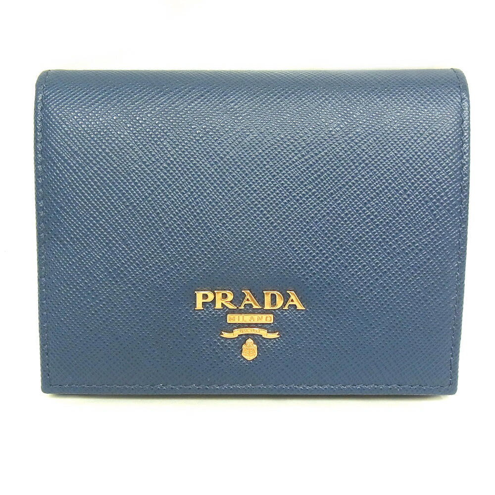 プラダ PRADA 引っかかり付き添い人紙入れ 2つ折り紙入れ青み BLUETTE サフィアーノ1MV204  ゴールド金具【未当て嵌める品】【座標軸S】【飛び切り美品】