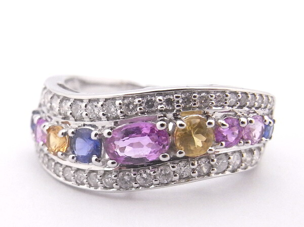 750　K18 WG　ホワイトゴールド　指輪 ダイヤ合計0.30ｃｔ　ノーブランド マルチサファイヤ合計0.85ｃｔ 【中古】【程度A】【美品】