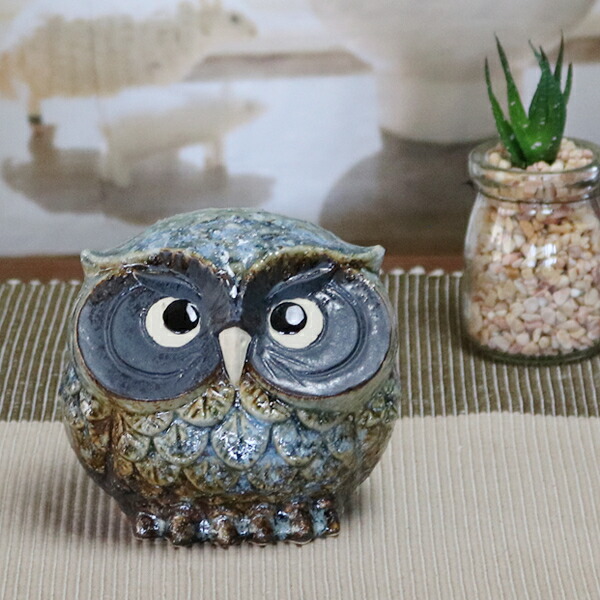 布引焼　青緑色のフクロウ置物　縁起物　オブジェ フクロウ 陶器製 不苦労 owl 置物・オブジェ（フクロウ：市福｜SS｜ブルー）【陶器製