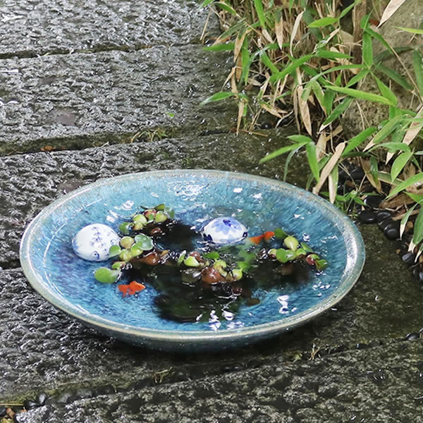 楽天市場】青ビードロ流し水鉢 すいれん鉢 信楽焼すいれん鉢 メダカ鉢