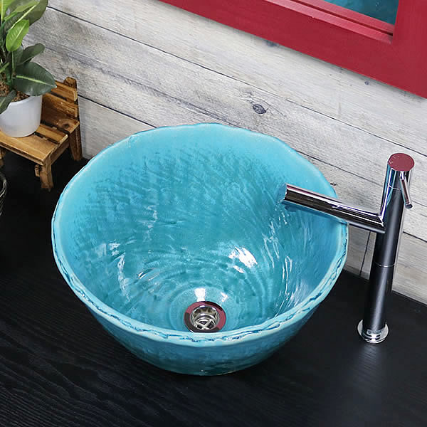 【今だけ10%OFFクーポン配布中】手洗い鉢 陶器洗面 信楽焼 洗面ボウル 手洗器 洗面ボール トイレ用 手洗鉢 陶器 洗面鉢 鉢 手洗い器 鉢 洗面シンク 洗面器 洗面台 ボール 和風 やきもの しがらき 青色 ターコイズブルー tr-2277