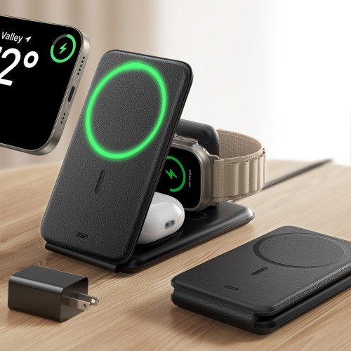 ESR 15W 3-in-1ワイヤレス充電器 iPhone Apple Watch用 MagSafe充電スタンド[認証] iPhone 17e/17/16/15/14/13/12 Watch AirPods 4/3/AirPods Pro用トラベル充電器 ブラック