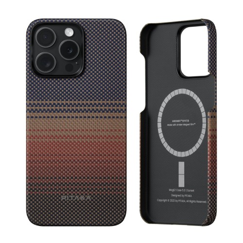 超薄超軽量-PITAKA iPhone 15 ProMax 用 ケース アラミド繊維製 MagSafe対応 超極薄・超軽量 カーボン風 ワイヤレス充電対応 耐衝撃 薄型 シンプル おしゃれ (Sunset柄）