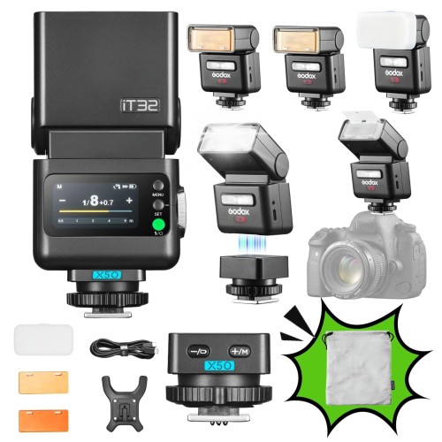 Godox iT32+X5O X5-O カメラストロボトリガー for OlympusPanasonic OM-1/E-M10/GX9、磁気式TTL/HSS、取りはずし能力のあるなひな形、LCD 手当たり 映写幕、1/128-1/1 手動ワット数、内蔵ディフューザー、OM SYSTEM