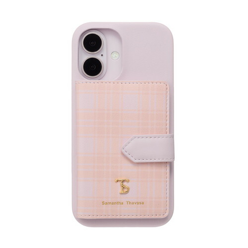 Samantha Thavasa STLPKWPCWIP2461 Wrap Case with Plaid Magsafe Card Wallet for iPhone16 Lavender Pink