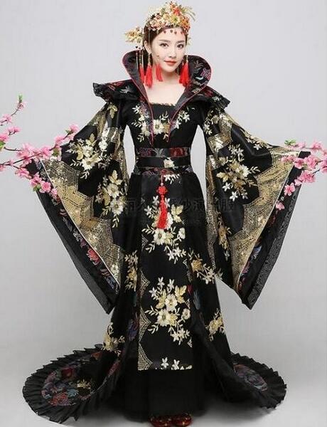 送料無料！5色　豪華皇帝皇后仮装コスプレ衣装　中国古代宮廷衣装　華流チャイナドレス　中国風ウエディングドレス　代役劇場舞台演出衣装　スパンコール刺繍振袖引き裾唐　引き裾　トレーン