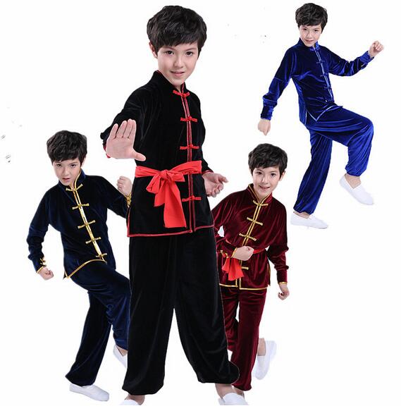 子供中国武術演出服 厚手長袖 朝練 団体服 キッズ武術服上下2点セット 秋冬 4色 舞台衣装