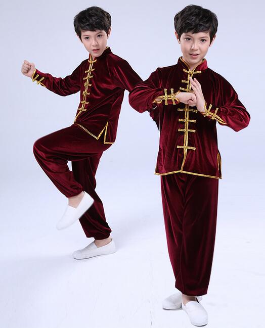 子供中国武術演出服 厚手長袖 朝練 団体服 キッズ武術服上下2点セット 秋冬 4色 舞台衣装