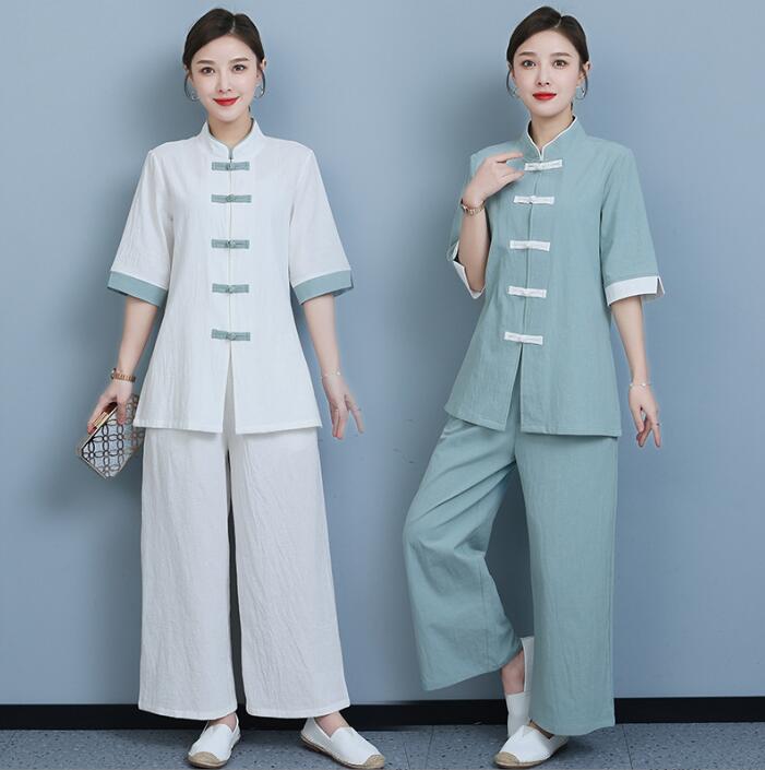 レディース太極拳服 半袖　綿麻上下セットアップ　チャイナ風　夏　ジョッキング　女性用 通常着　表演服 練習服 カンフー綿麻 ルームウェア　ヨガ練習着　春秋夏　切り替え　ナチュラル画像