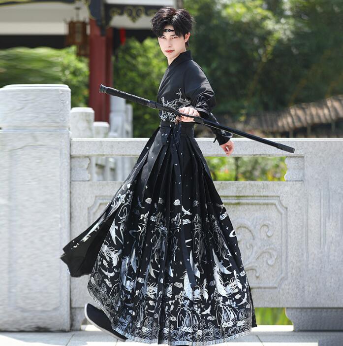 メンズ漢服唐装　メンズレディース中華伝統的漢服　侠客　ロング丈スカート+チャイナシャツ　豪華刺繍　中華古風コスプレ衣装　クリスマス仮装変装　ハロウィンコスプレ漢服　チャイナ舞台ステージ服　イベント学園祭