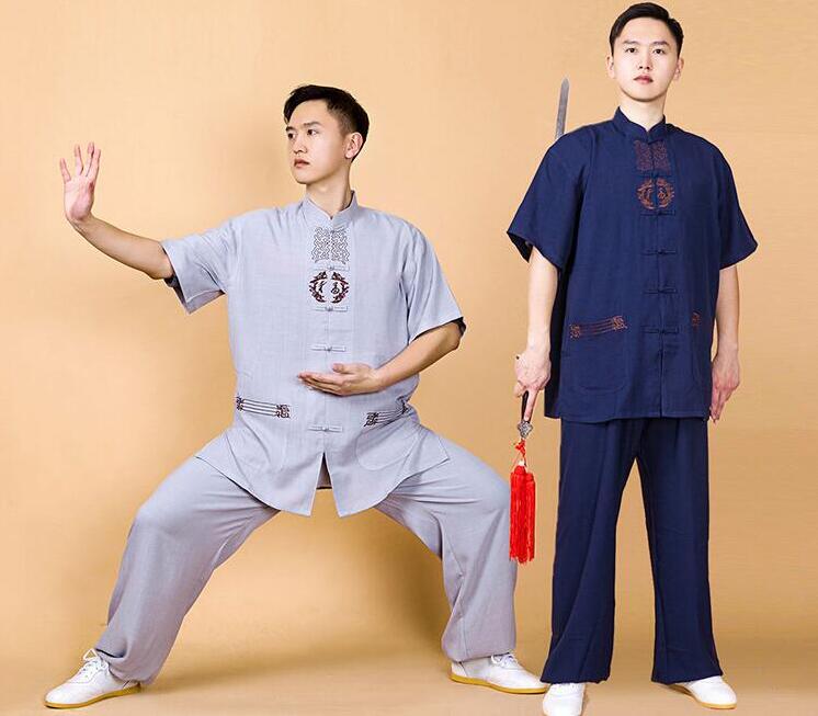 太極拳服男女兼用カンフーウェア 福刺繍柄上下セット　棉麻太極拳パンツ　夏メンズ/レディース武術服 リネンカンフー ウーシュー チャイナ服 武術 太極拳 功夫 練功服 イベント文化祭 学園祭 イベント 演出服 スポーツウェア