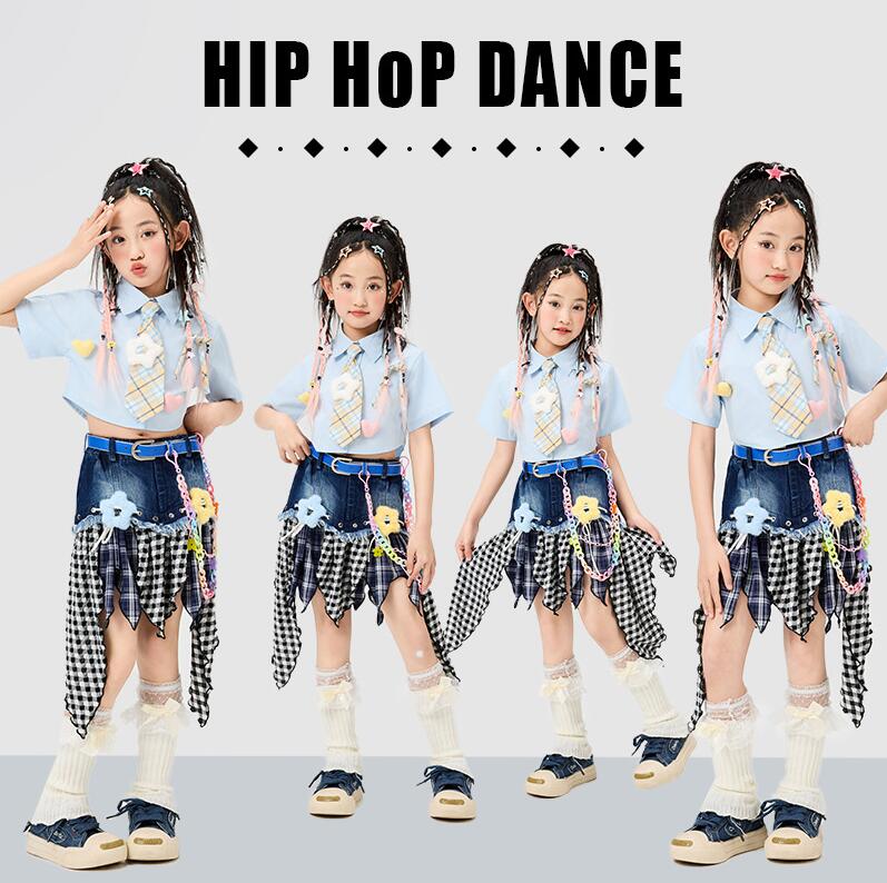 キッズダンス衣装　チェック柄デニムスカート ショート丈ブラウス2点/4点セットアップ　レイヤード風夏女の子舞台ダンスウェア　子供ヒップホップジャズダンスウェア　チアダンス服　舞台演出服　イベント　キッズステージ演出hiphopjazzウェア画像