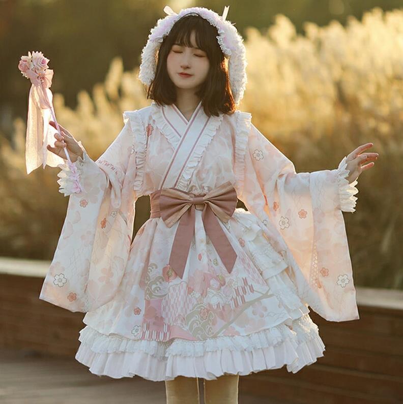和風ロリータワンピース　羽織ワンピース　リボン　メイドコスプレ　ロリータドレス　エプロン　メイド服　レディースLolita可愛いロリータドレス　森ガール　日系　レディース文化祭 学園祭 撮影衣装 パーティー｜yamadasyouji