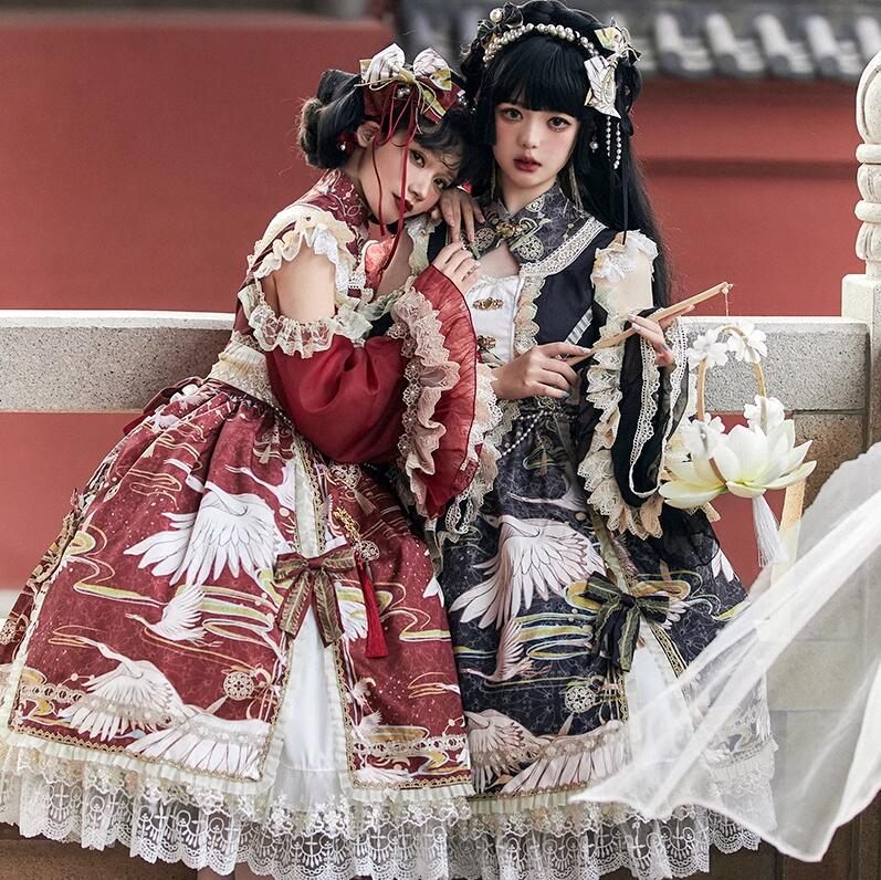 ゴスロリ＆ロリータワンピース フリルやレース豪華な中華風ロリータドレス 取り外し袖 3色 大きい裾華ロリドレス お姫様ワンピース 女子 ジュニア 大人 lolita dress ハロウィンクリスマス コスチューム S～XXL