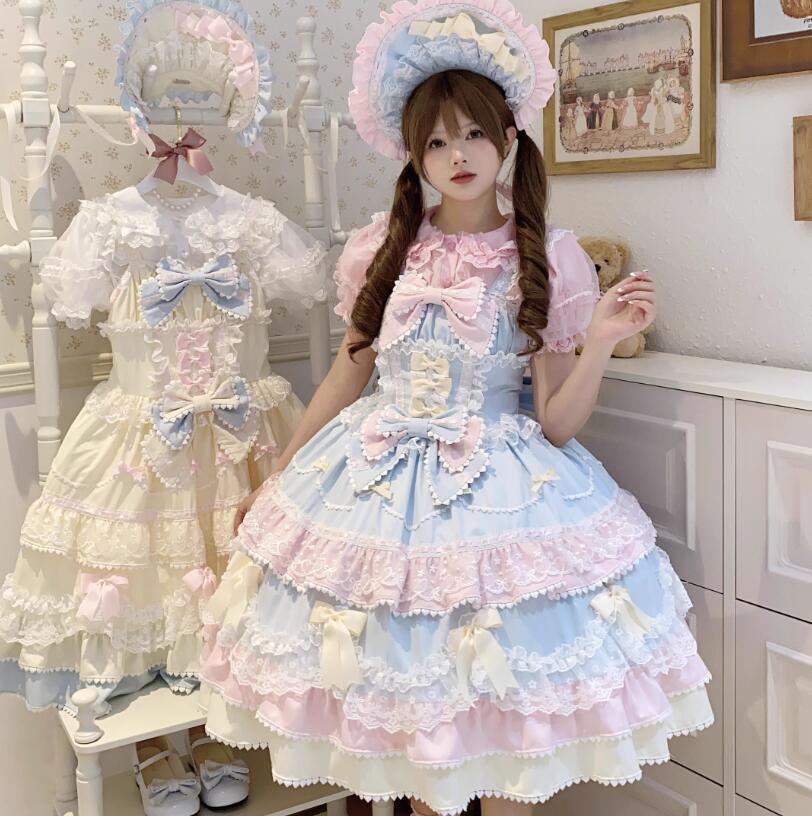 ロリータワンピース 甘ロリ豪華なフリルやレースLolitaドレス　可愛いキャミソールjskドレス　ティアードスカート重ね重ね　お姫様ロリィタ服　森ガール　lolita dress　ロマンティックな洋服　普段着　ハロウィンクリスマス コスチューム