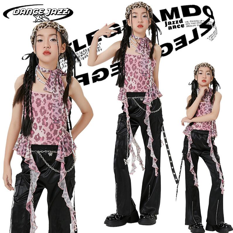 キッズダンス衣装　豹柄キャミソールｔシャツガウチョパンツ3点/4点セット　夏女の子ステージ演出hiphopjazzウェア 子供ヒップホップジャズ　kpop舞台演出服　ラッパパンツ　モデルショー　コスチューム 学園際 イベント 舞台ダンス衣装
