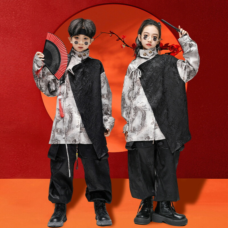 中華風 子供 ダンス衣装 男女兼用ヒップホップダンス服 唐装漢服セット チャイナ風長袖シャツ ふんわりガウチョパンツ 切り替え 太極拳春秋セットアップ 龍柄 キッズ 舞台ジャズヒップホップ演出服　hiphopjazz舞台ダンス衣装 男女兼用ステージ演出ウェア