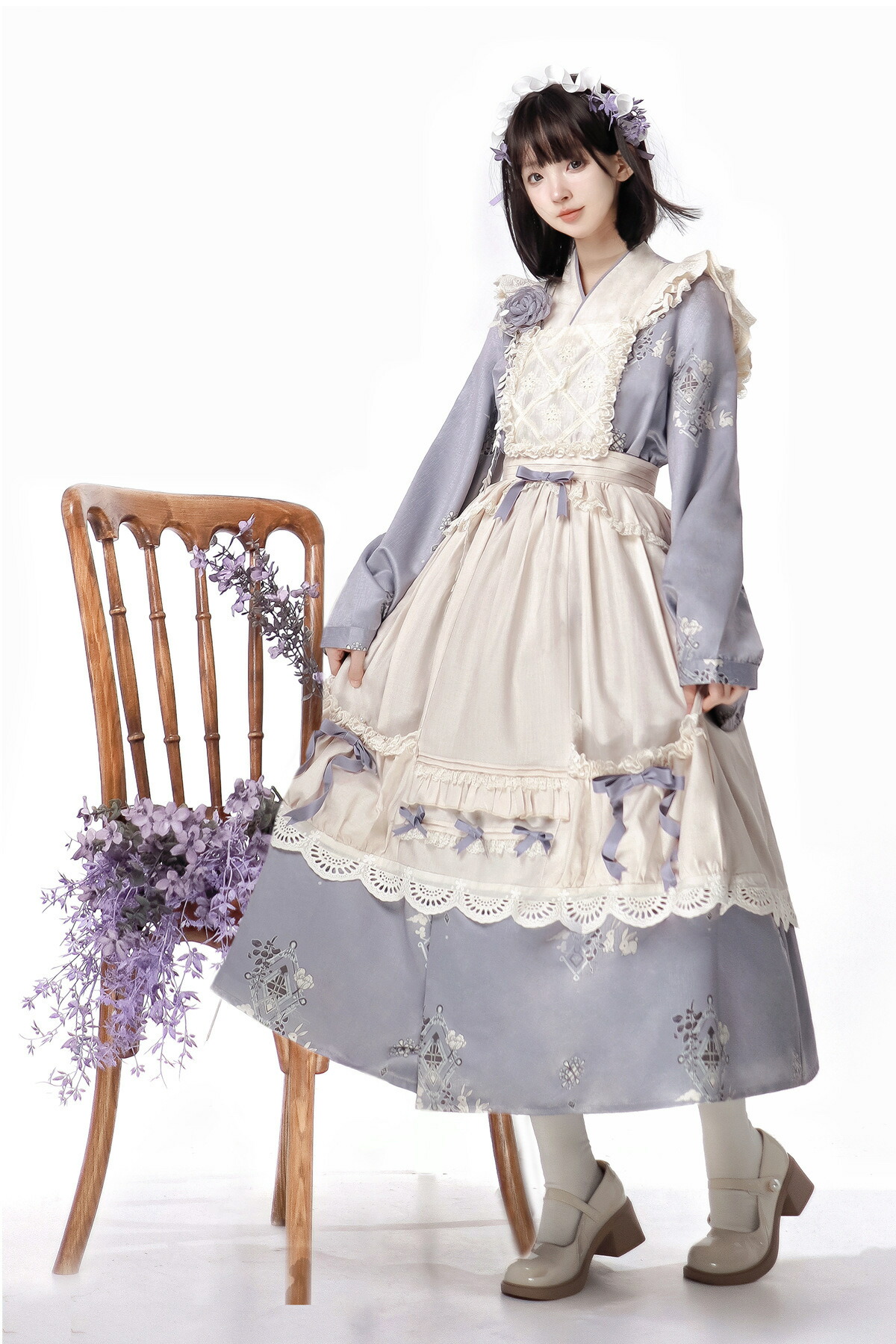ロリータ ワンピース 長袖 レース リボン付き フリル 重ね着風ロリータ ドレス ロング丈 エプロン+ワンピース2点セット ロリータ メイド服 上品 姫系 可愛い 清楚 レディース コスプレ衣装 お呼ばれ デート パーティー 撮影会 コスプレ イベント 衣装|yamadasyouji
