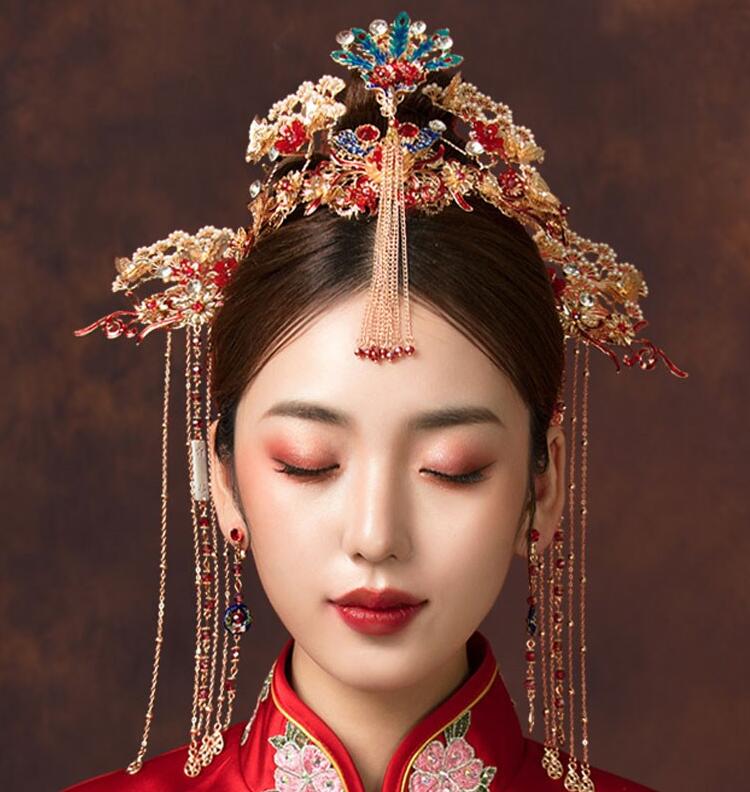 中華風髪飾り チャイナ風ヘアアクセサリー 古代宮廷唐装・漢服用 舞台 公演 花嫁 結婚式 イベント コス 王冠 イヤリング 文化祭