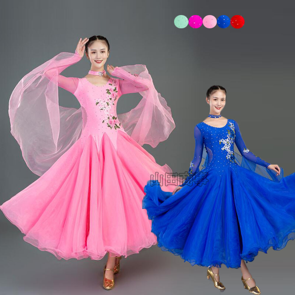 モダンダンス衣裳 競技服モダンドレス レディースダンス衣装 ピカピカ マキシ丈 社交ダンス フラメンコドレス ワンピース ステージ衣装 長袖 ロング ワンピース 大きい裾 社交ダンス 練習着 レッスン着 チャチャチャ ラテン ダンス 衣装 舞台衣装 ステージ衣装S-3XL｜yamadasyouji