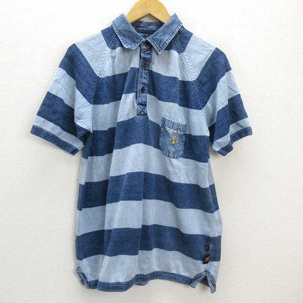 k■英国製■オリジナルブルース/ORIGINAL BLUES ボーダー柄 半袖ニットポロシャツ【L】藍/ロンハーマン/MENS■127 【中古】