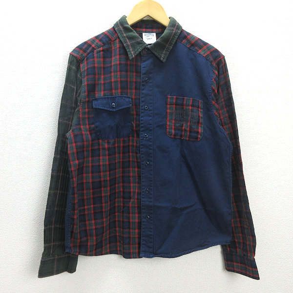 Q■BBCビリオネアボーイズクラブ/BILLIONAIRE BOYS CLUB CUT SEW CHECK SHIRTチェック柄シャツ/長袖【メンズL】紺/MENS/27【中古】