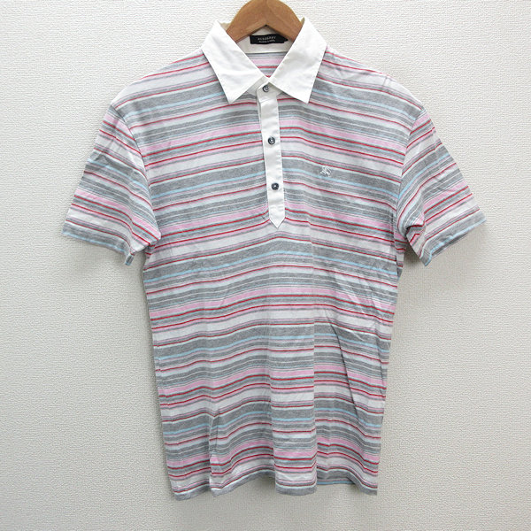 11円 あす楽対応 K バーバリーブラックレーベル Burberry Black Label ボーダー柄 半袖ポロシャツ灰色 ピンク Mens 34