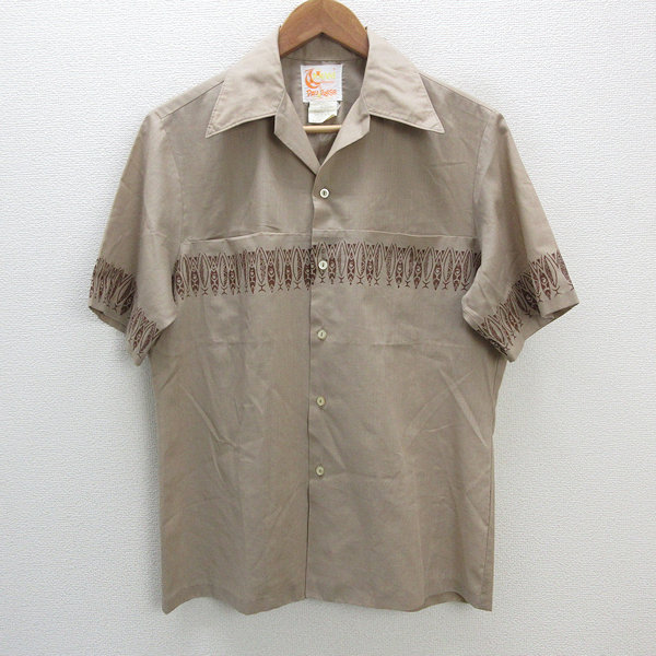 k■1960s■イオラニ/IOLANI 半袖アロハシャツ/開けっ広げ色つや/開襟/ヴィンテージ【S】茶/MENS■96【中古】