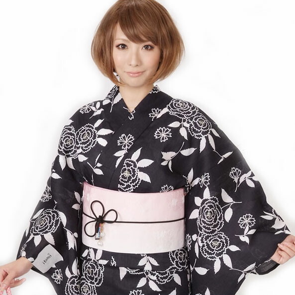 浴衣 レディース 大人 セット itomi 綿・麻 国内京染め ハンドメイドの捺染加工 ゆかた+半巾帯+桐下駄3点セット 黒 桜 大人 涼しい【オプションで簡単に着られる加工が出来ます】