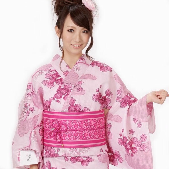 浴衣 レディース 大人 セット itomi 綿・麻 国内京染め ハンドメイドの捺染加工 ゆかた+半巾帯+桐下駄 3点セット ピンク 桜 さくら 大人 涼しい【オプションで簡単に着られる加工が出来ます】