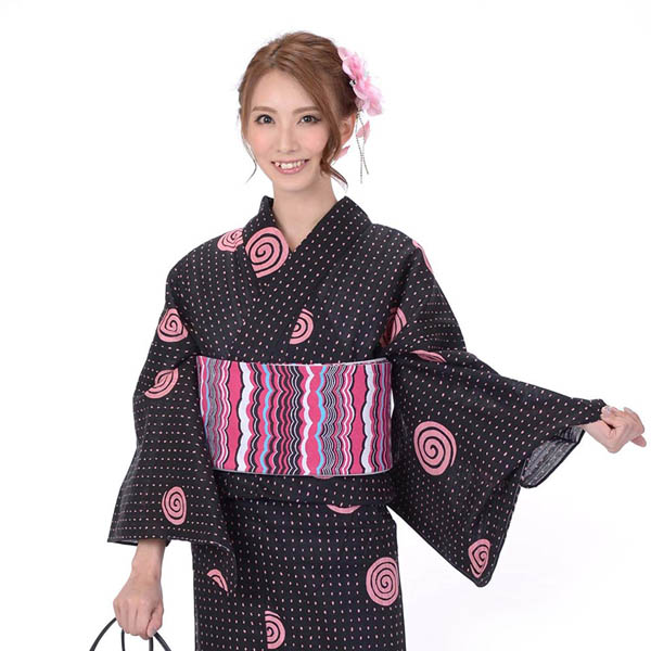 浴衣 レディース 大人 単品 あじゃん ブランド 仕立て上がり 大人可愛い渦巻き柄 ピンク×紺色|きもの山喜