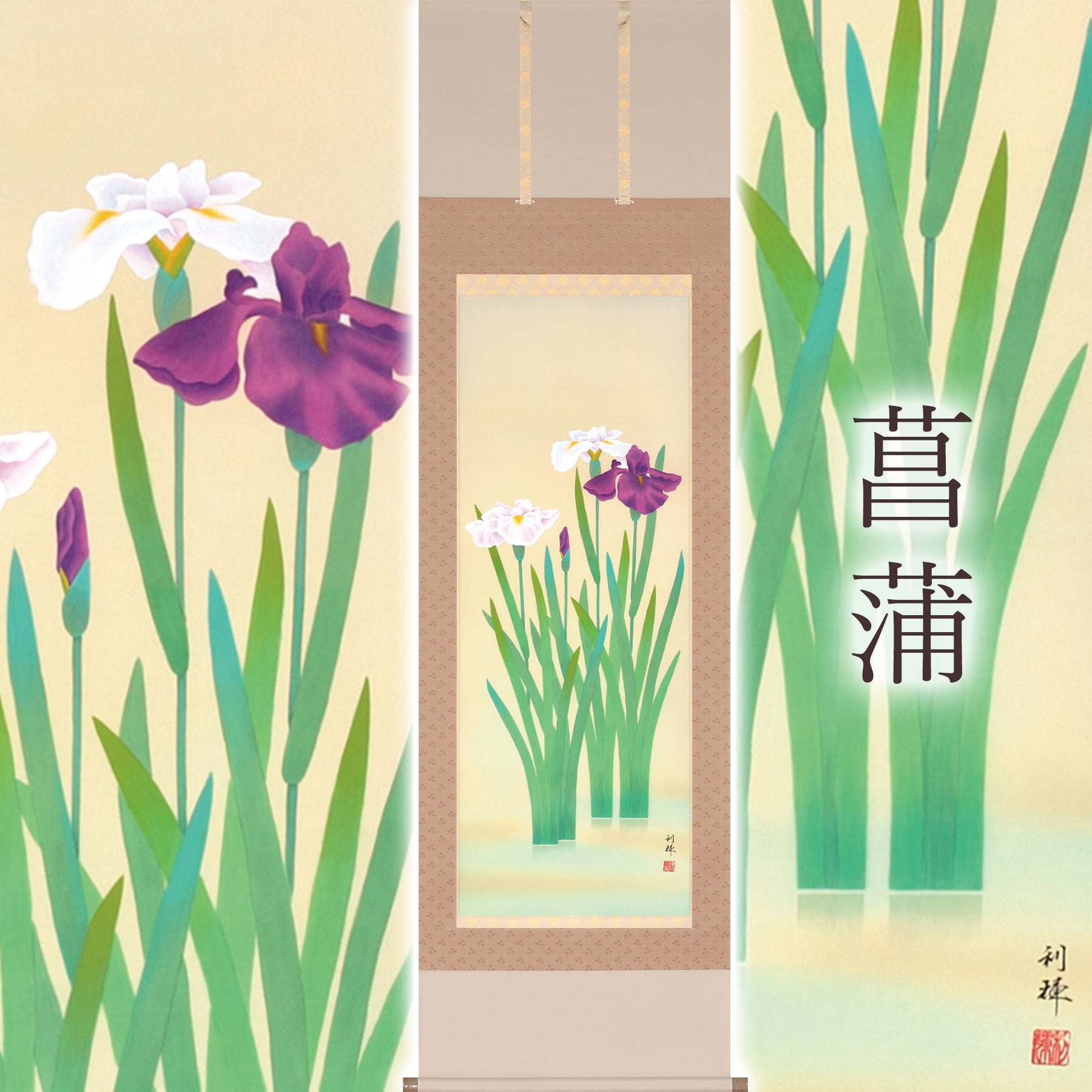 掛け軸「花ショウブ」 北沢利輝 尺五立 大きさ：54.5×190糎 桐箱付 掛け軸 殺虫剤 剤 貨物輸送無料 表装 床の間 納める 木 箱 今めかしい 茶道 御先棒 掛け 掛ける